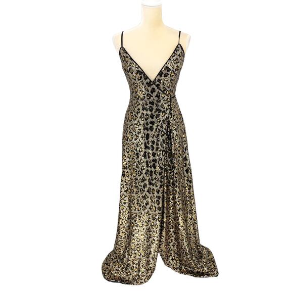 AIDAN BY AIDAN MATTOX Leopard Sequin Wrap Dress Size 0 Gold Black Sleeveless - Picture 5 of 15